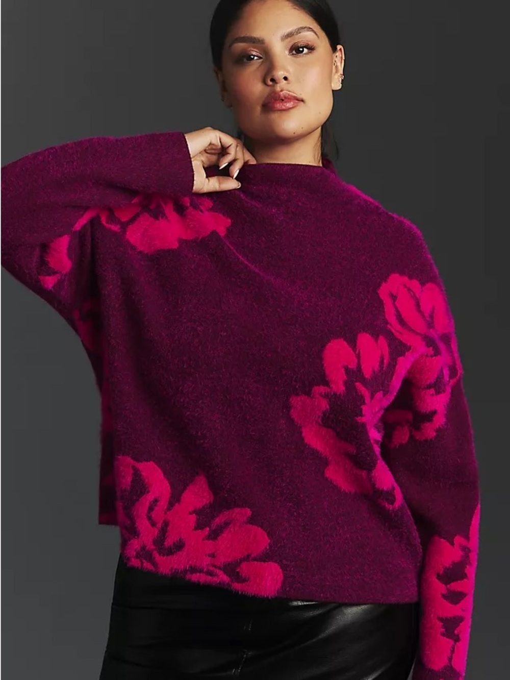 Anthropologie mock neck fuzzy floral sweater size small